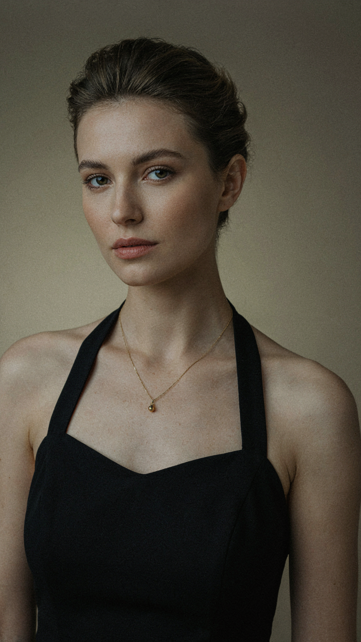 A woman in a black halter jumpsuit wears a delicate pendant necklace.