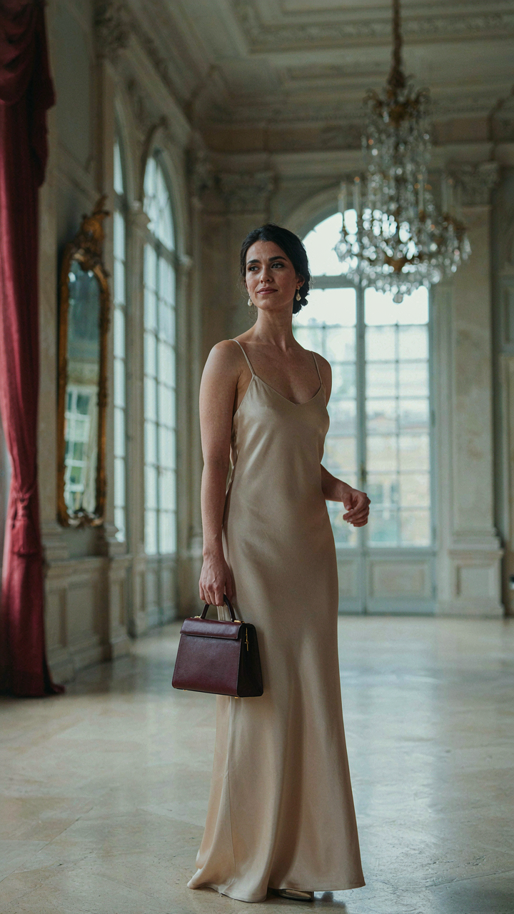 A woman confidently holds a structured handbag at her side in a grand hall.