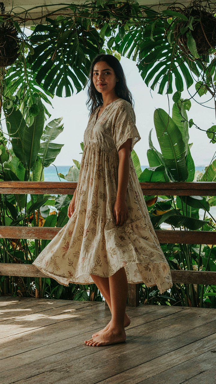 A person in a loose, flowing dress on a tropical veranda.