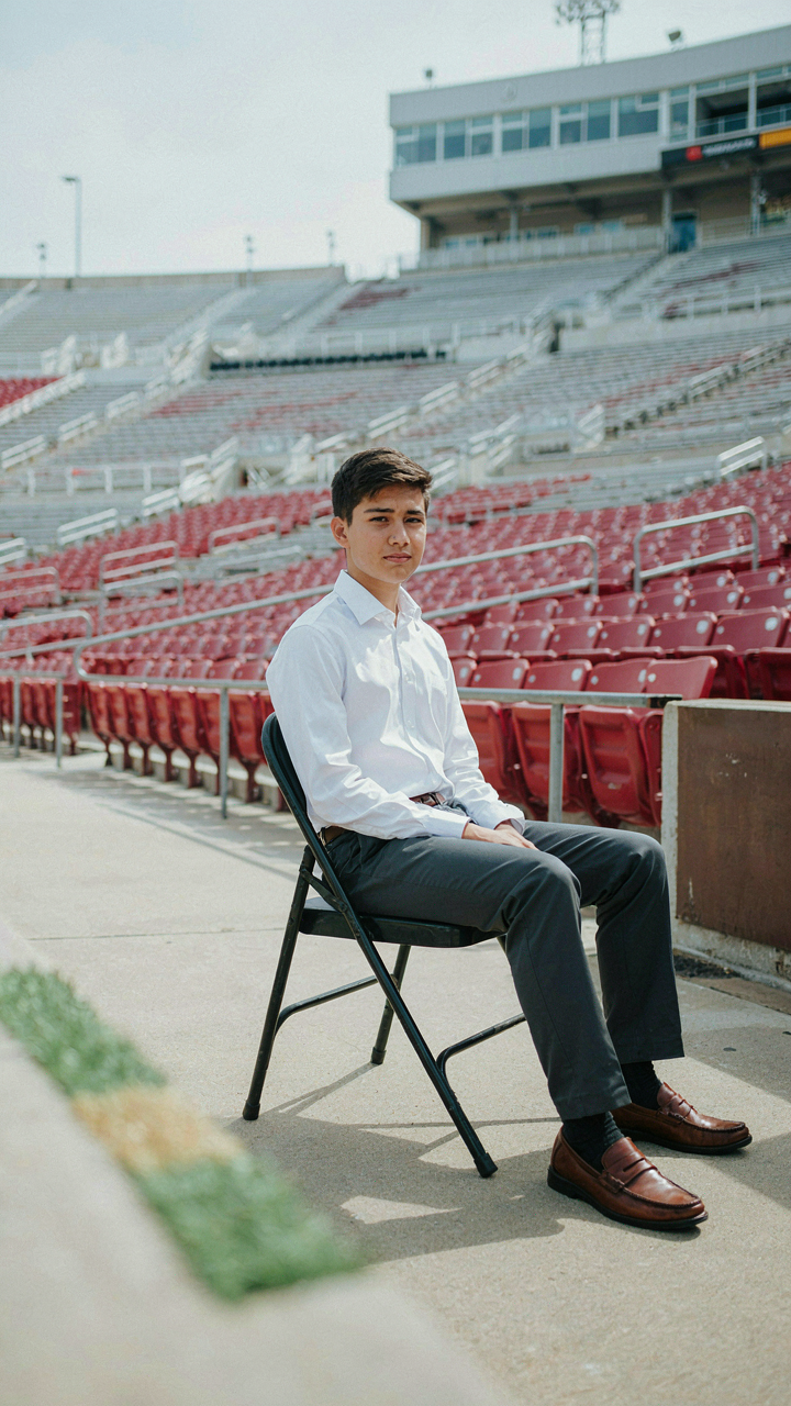 A teenage boy in a collared shirt sits at an outdoor stadium.