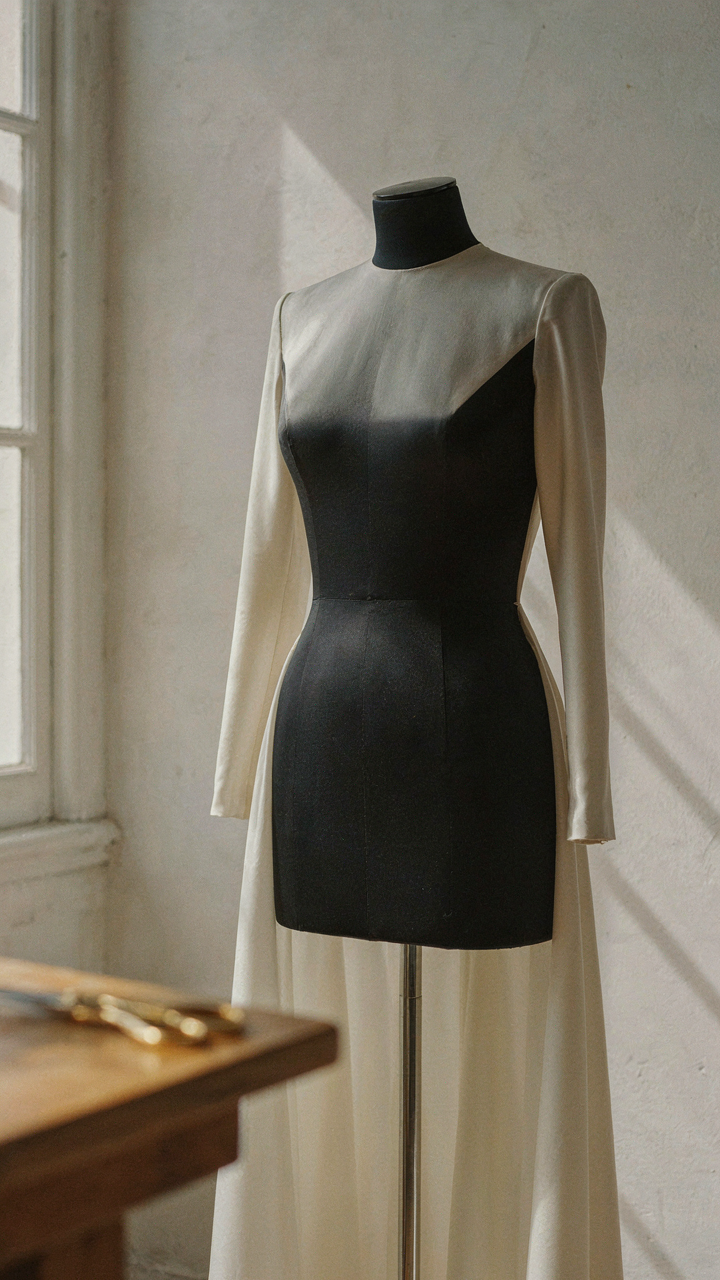 A tailor's dummy displaying a structured satin evening gown.