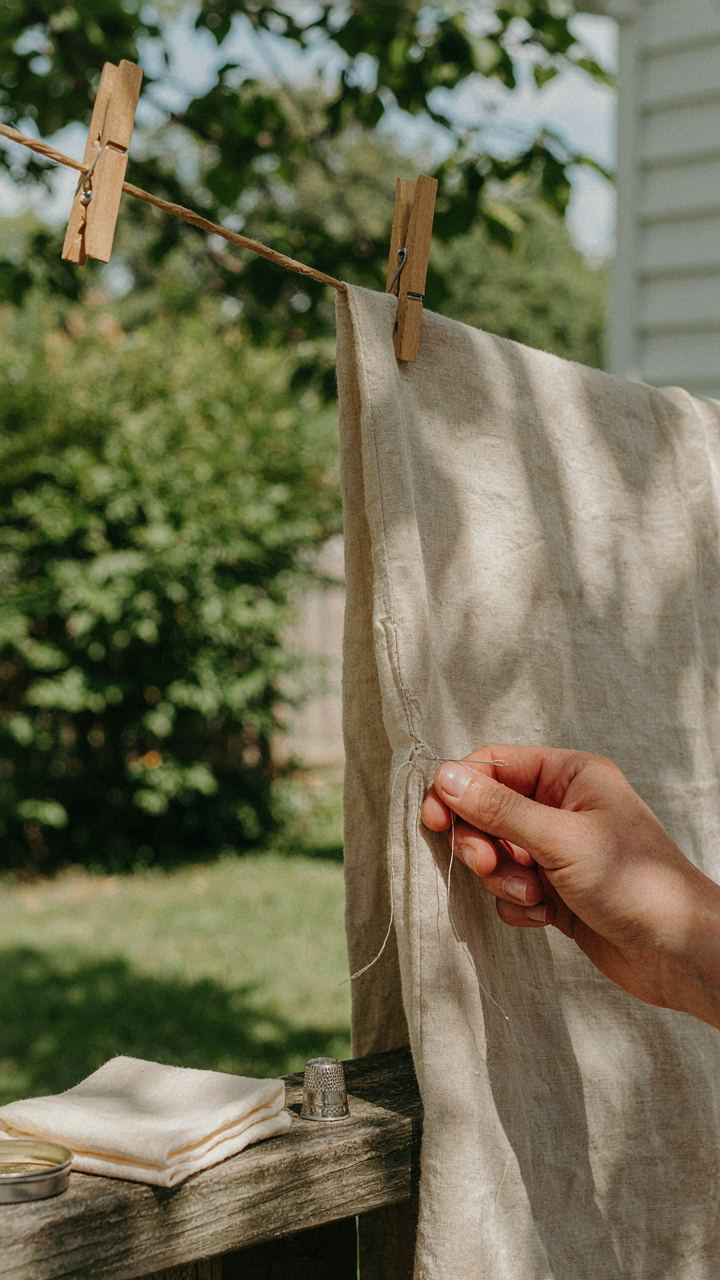 A hand mending a loose seam on a linen shirt hanging on an outdoor clothesline.