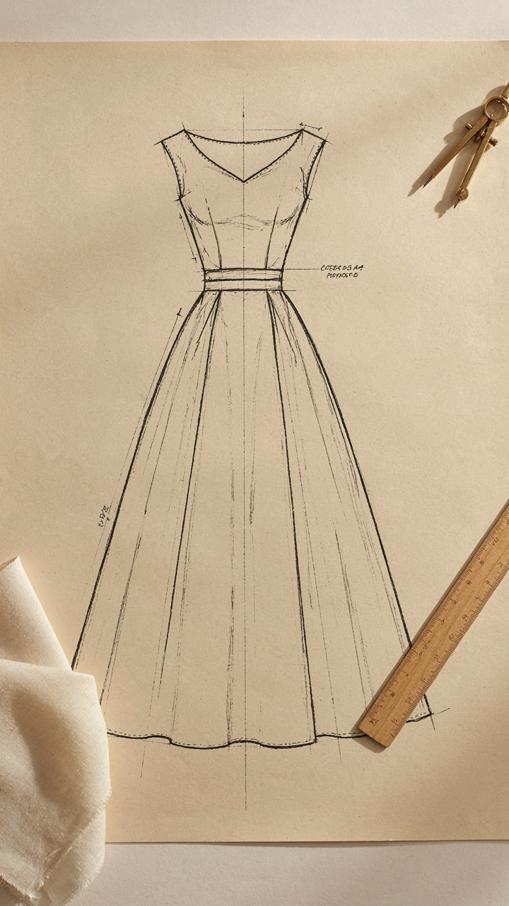 Blueprint diagram of a 1950s cocktail dress, with a cinched waist highlighted.