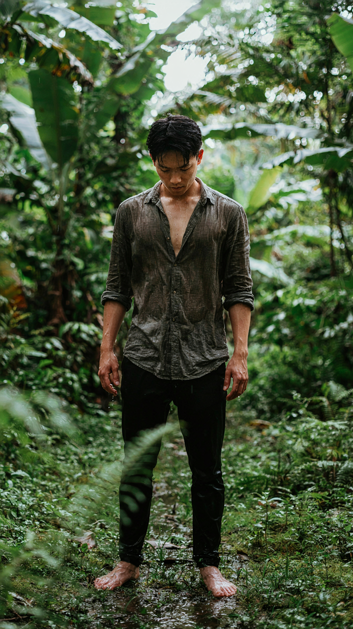 A person in a sweat-soaked linen shirt in high humidity.