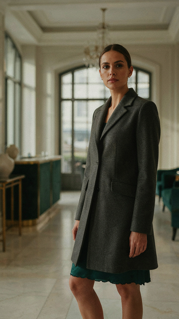 A woman in a charcoal wool coat stands in a hotel lobby, her dress hem peeking out.