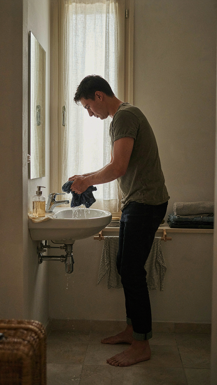 A traveler hand-washes a shirt in a hotel sink, preparing for a minimalist capsule wardrobe for