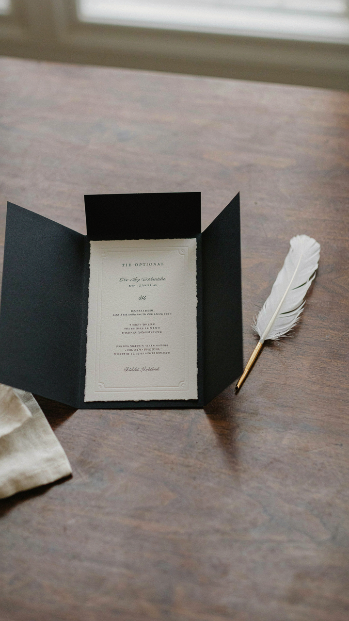 An elegant black tie optional invitation card with a quill pen on a table.