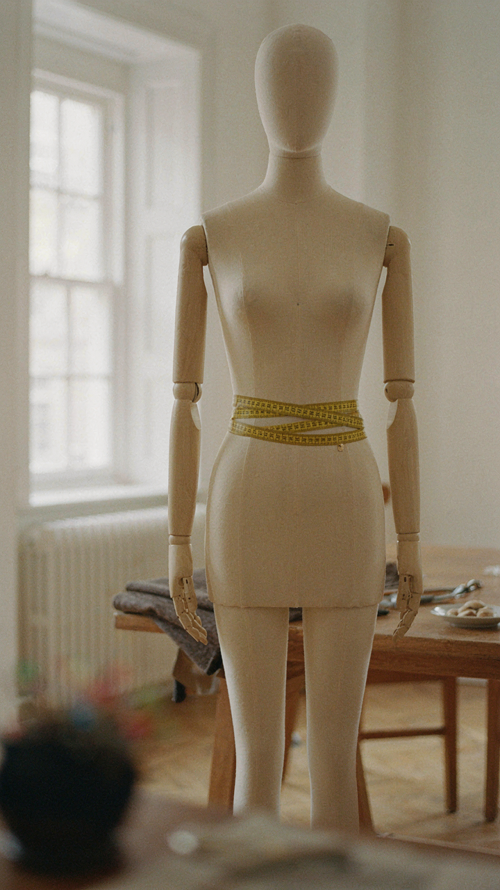 A tailor's measuring tape wraps around a mannequin's torso.