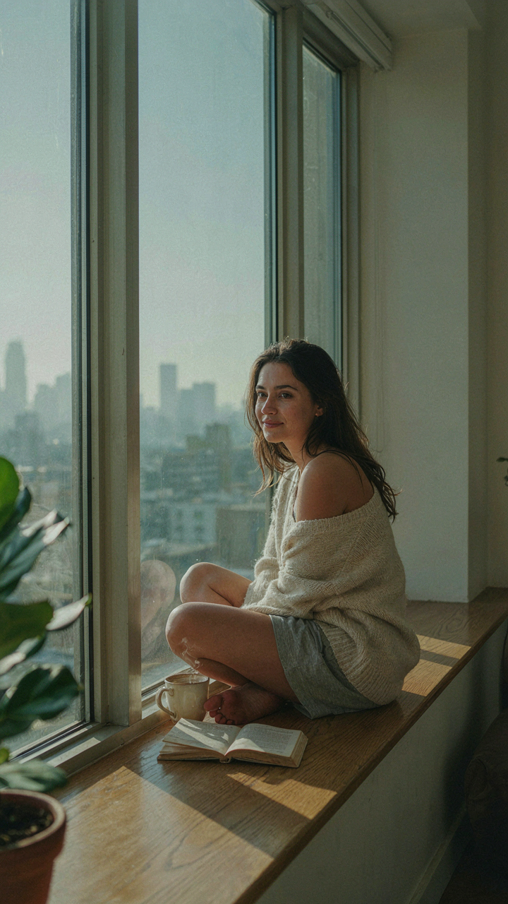 A person looking relaxed and content, enjoying a city view from a window.