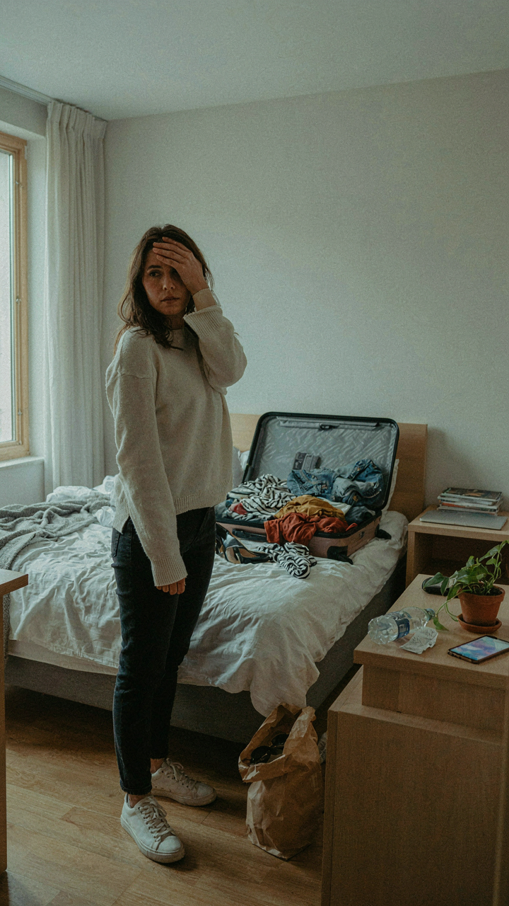 A person looks overwhelmed by a suitcase overflowing with too many clothes, reflecting decision