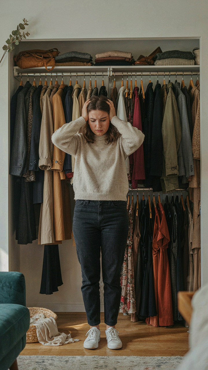 A person looking overwhelmed by an overflowing closet full of clothes.