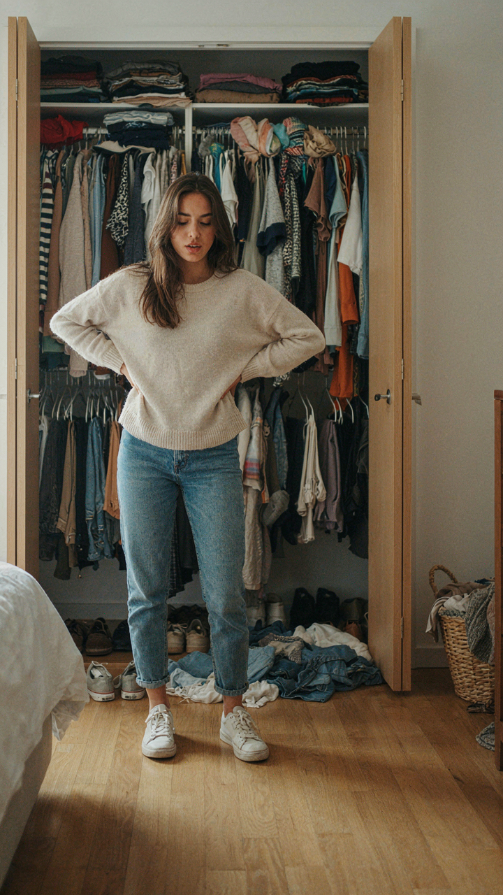 A person looks overwhelmed by a messy, overflowing closet filled with countless clothes.