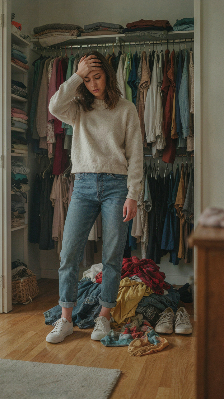 A person looks overwhelmed by a messy, overflowing closet filled with clothes.