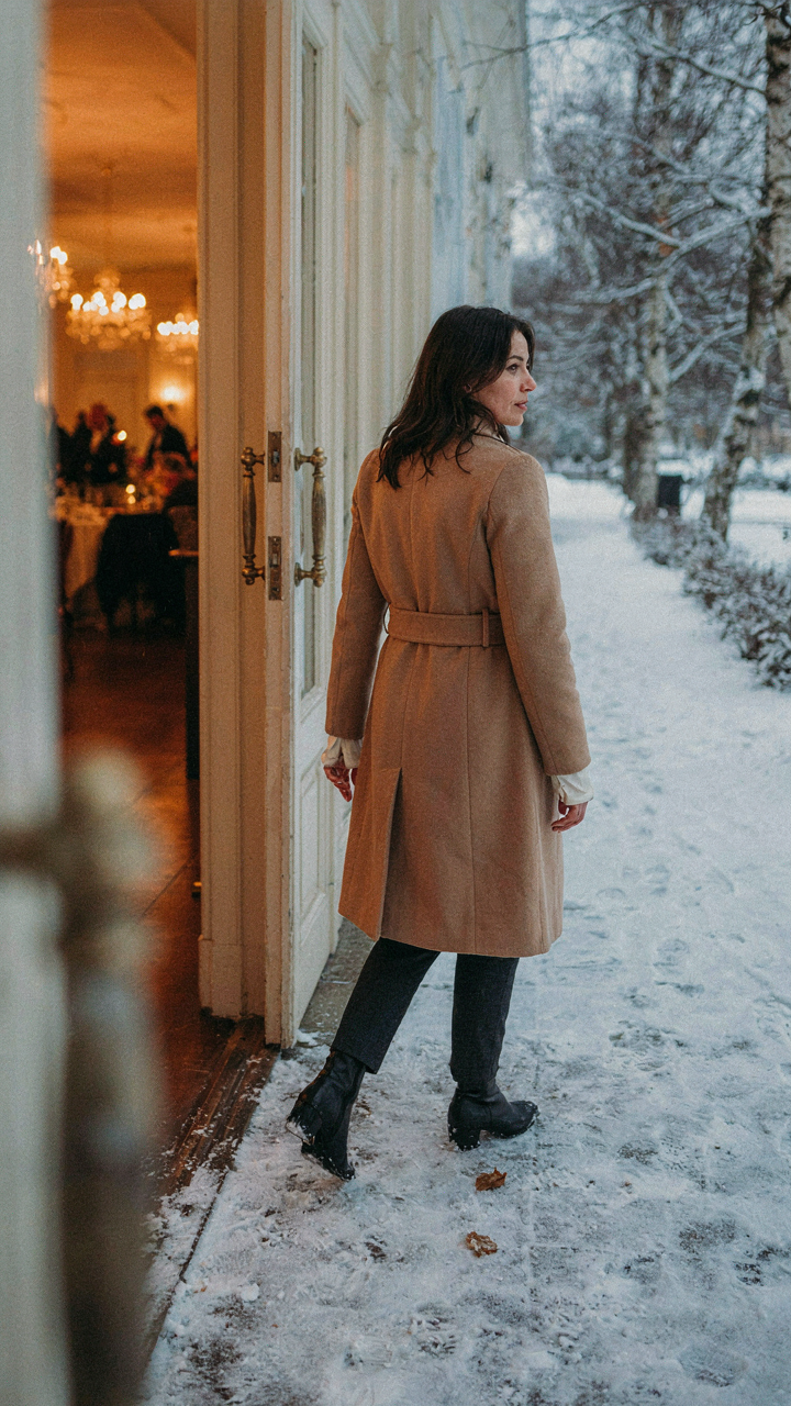 A woman transitions from a warm ballroom to a cold, snowy path in an elegant winter coat.