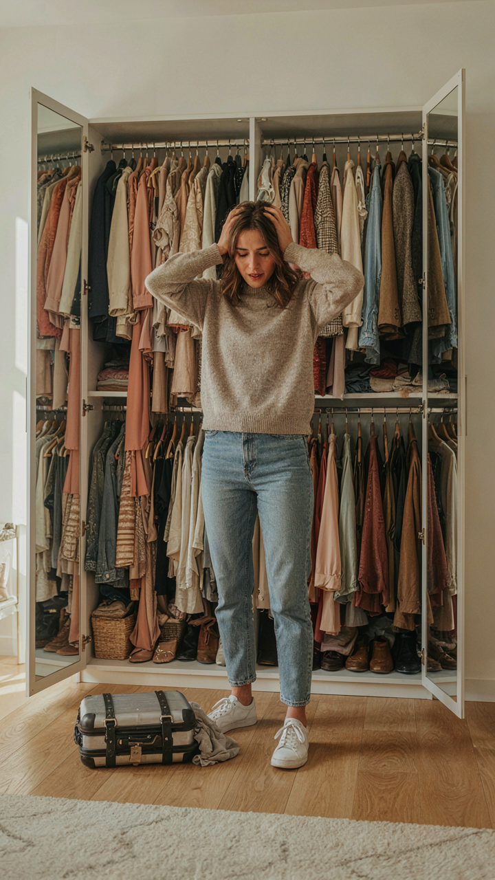 A person feeling overwhelmed by a closet full of clothes, with a small suitcase nearby.