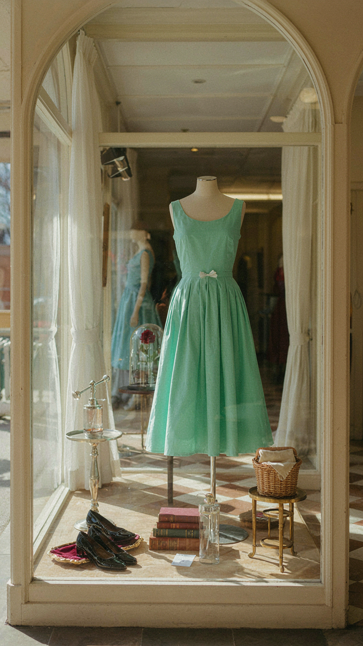 A vintage 1950s department store window with a tea length dress.