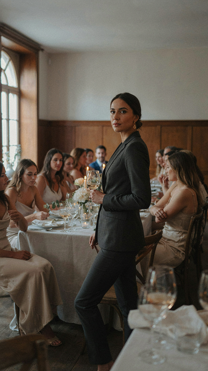 One woman in a tailored pantsuit stands out among others in similar dresses at a dinner.