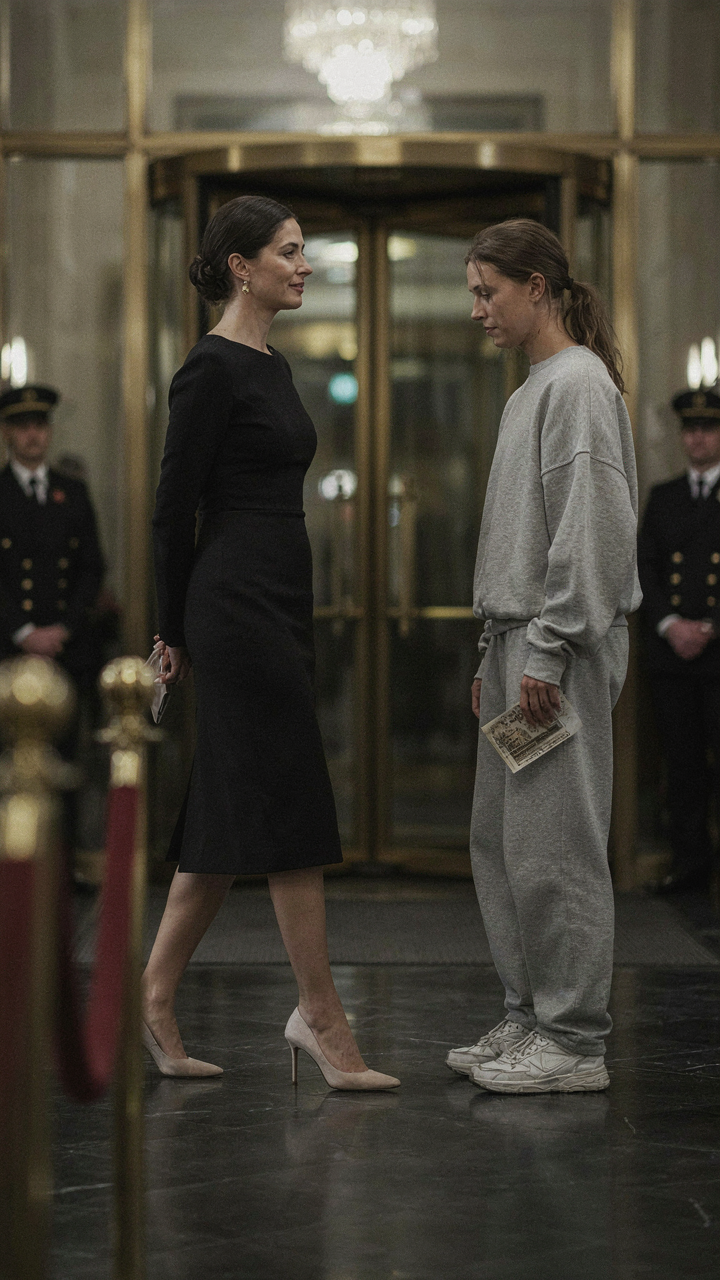 A woman in a cocktail dress walks past another in gym clothes at an event entrance.