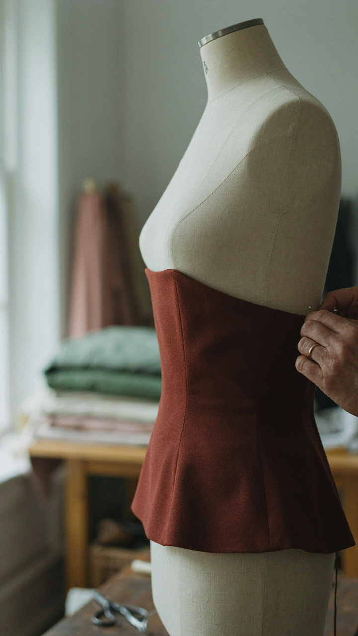 A tailor pins a structured peplum onto a dress form at the waist.