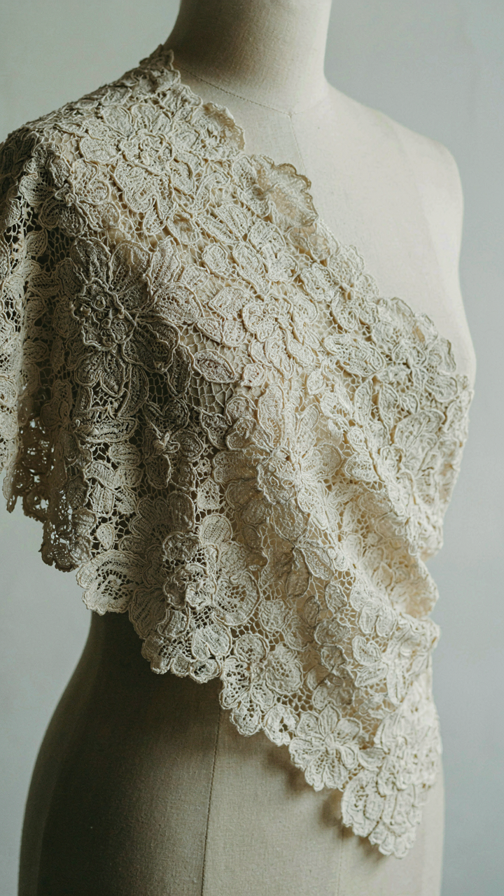 Close-up of dense, structured guipure lace fabric on a mannequin.