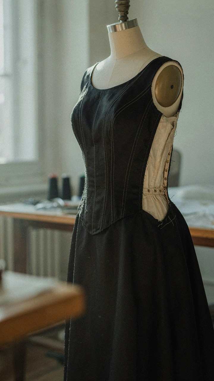A close-up of a black silk gown shows its internal structure on a mannequin.