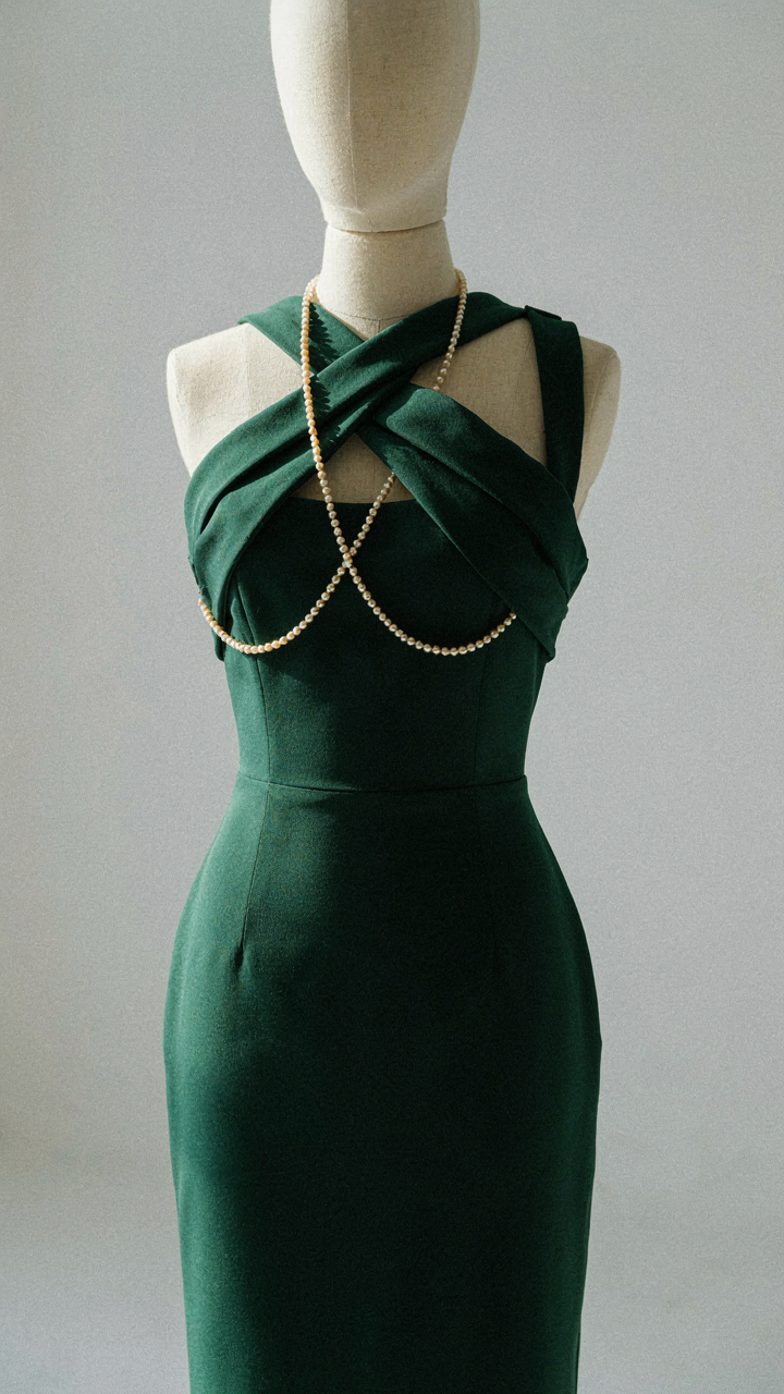 A delicate pearl strand clashes with the busy neckline of a fitted dress.