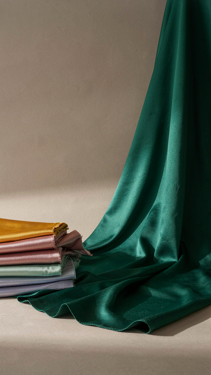 Low quality polyester fabric samples next to a luxurious silk sample, showing fabric quality.