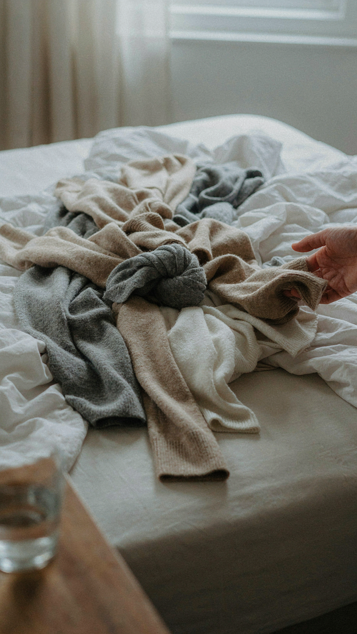 A jumbled pile of beige, gray, and white sweaters on a bed, showing visual mediocrity.
