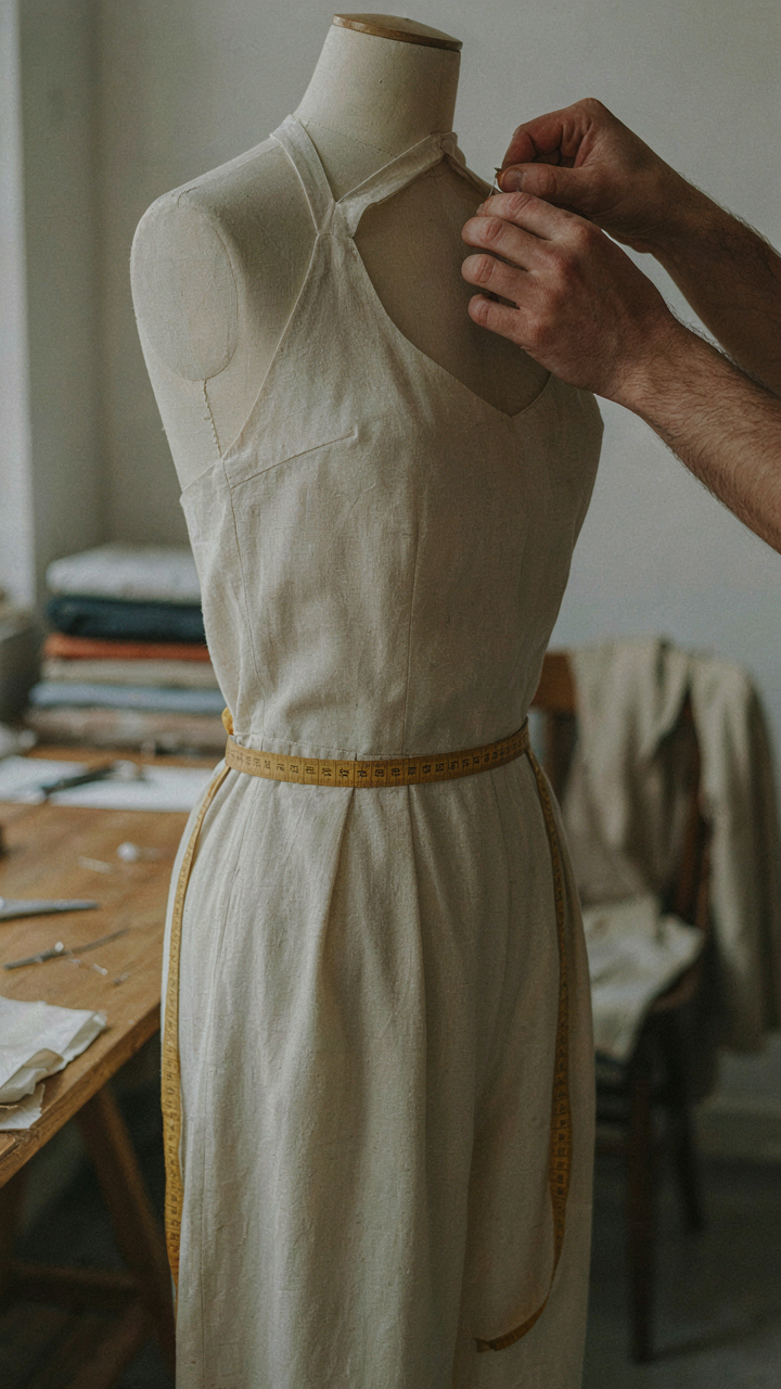 A tailor's hands adjust a halter jumpsuit's shoulder seam on a mannequin.