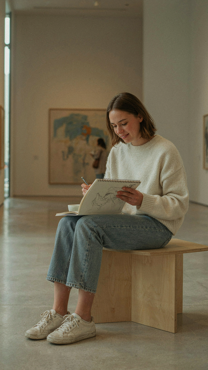 A person genuinely smiles while sketching in a private sketchbook at a gallery.