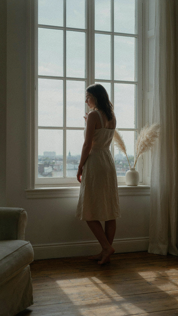 A serene woman stands with poise in an elegant dress, looking out a window.