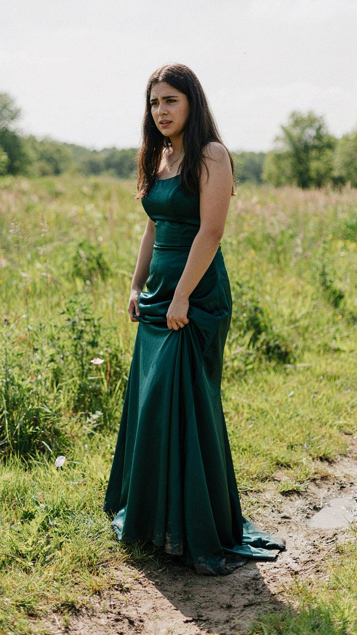 A woman in a formal gown stands uncomfortably on a muddy lawn.