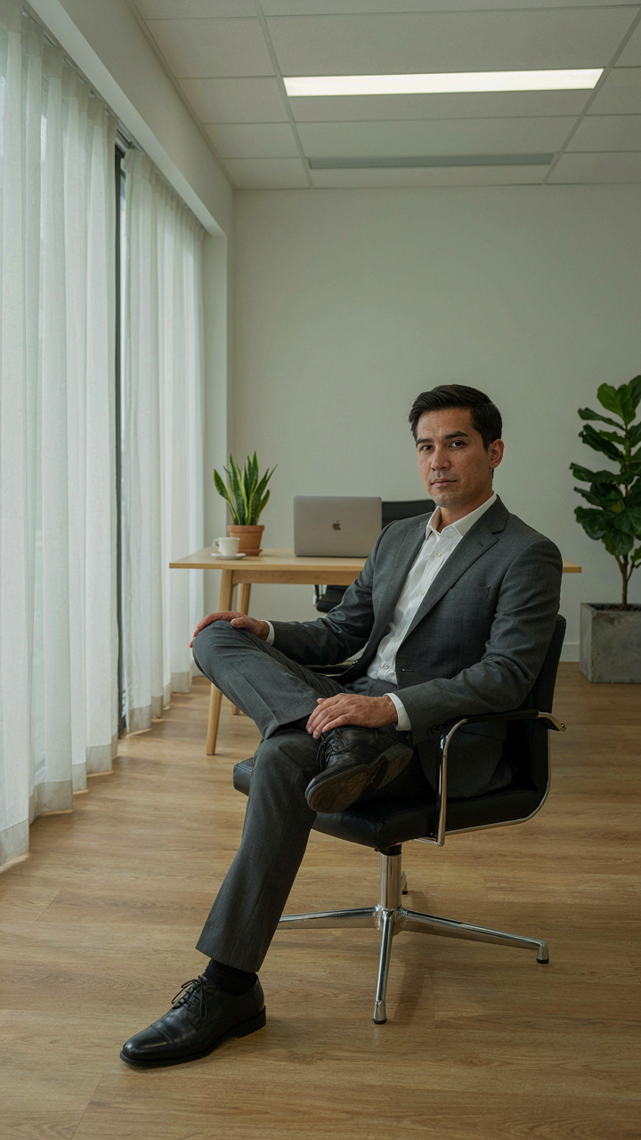 Person in tailored suit jacket sits comfortably under fluorescent lights.