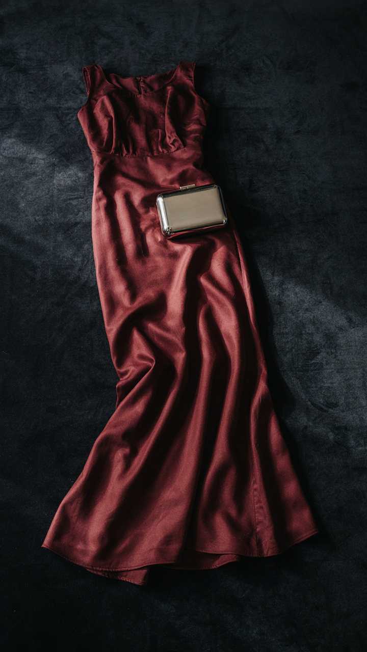 A burgundy evening gown lies next to a silver metallic clutch.