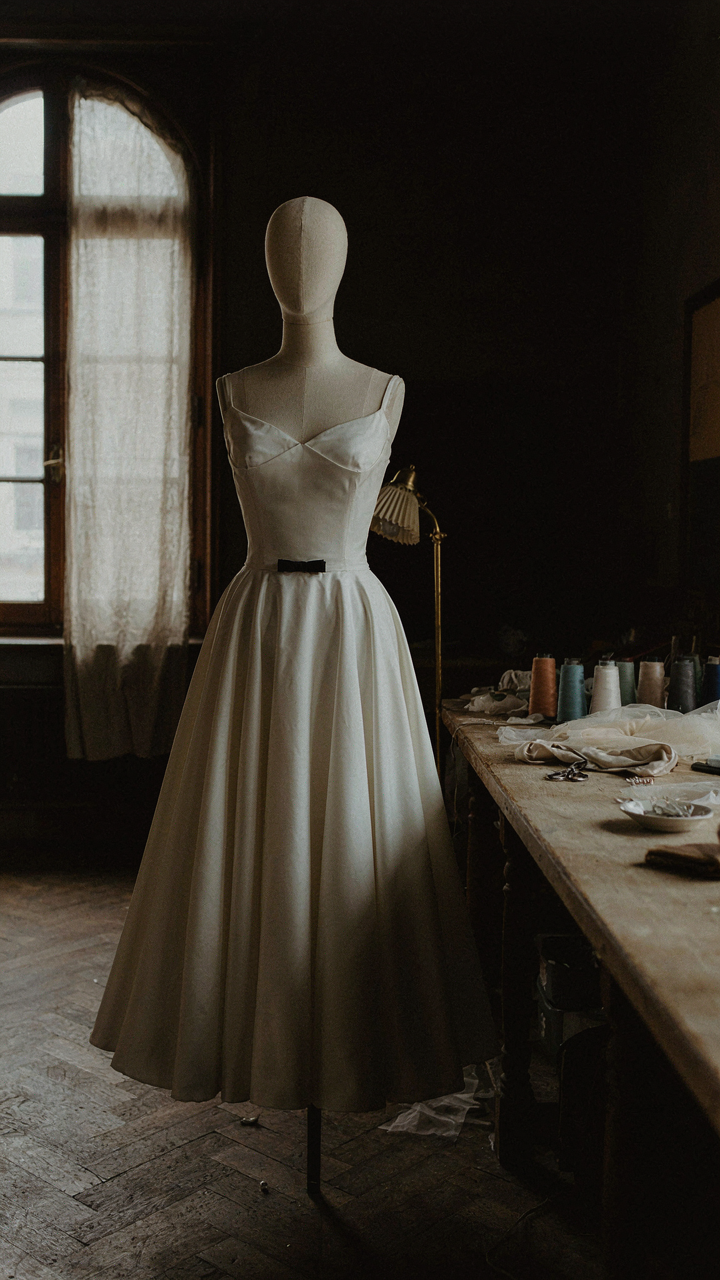 Mannequin in a structured 1950s cocktail dress made of crisp silk faille.