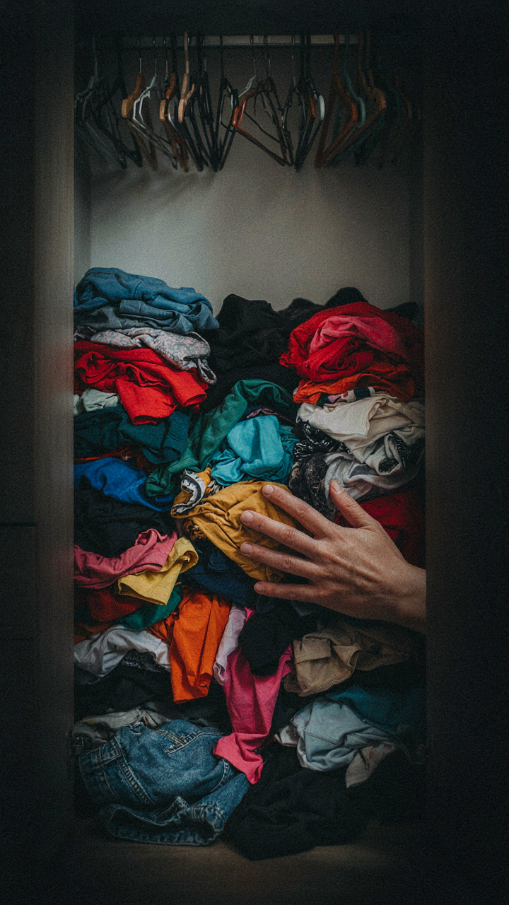 A hand reaches into a closet overflowing with disorganized, brightly colored clothes.