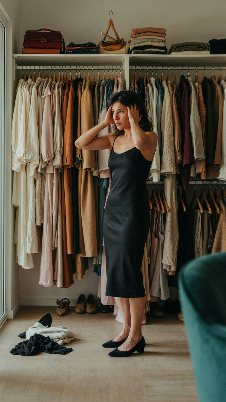 A woman looks overwhelmed by a messy closet filled with too many clothes.