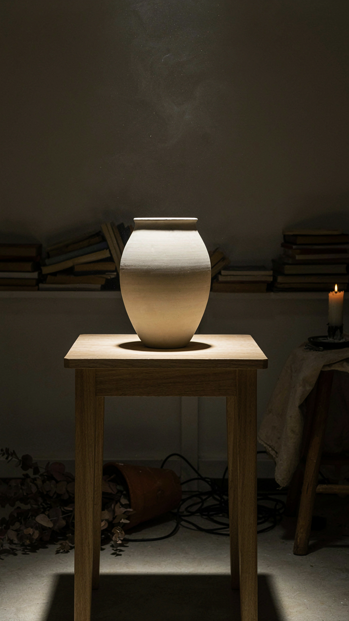 A simple, elegant vase on a pedestal, highlighted against a busy, cluttered background.