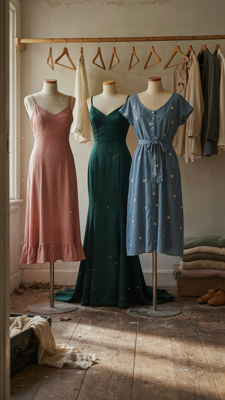 A row of single-use dresses hangs unused in a dimly lit closet.
