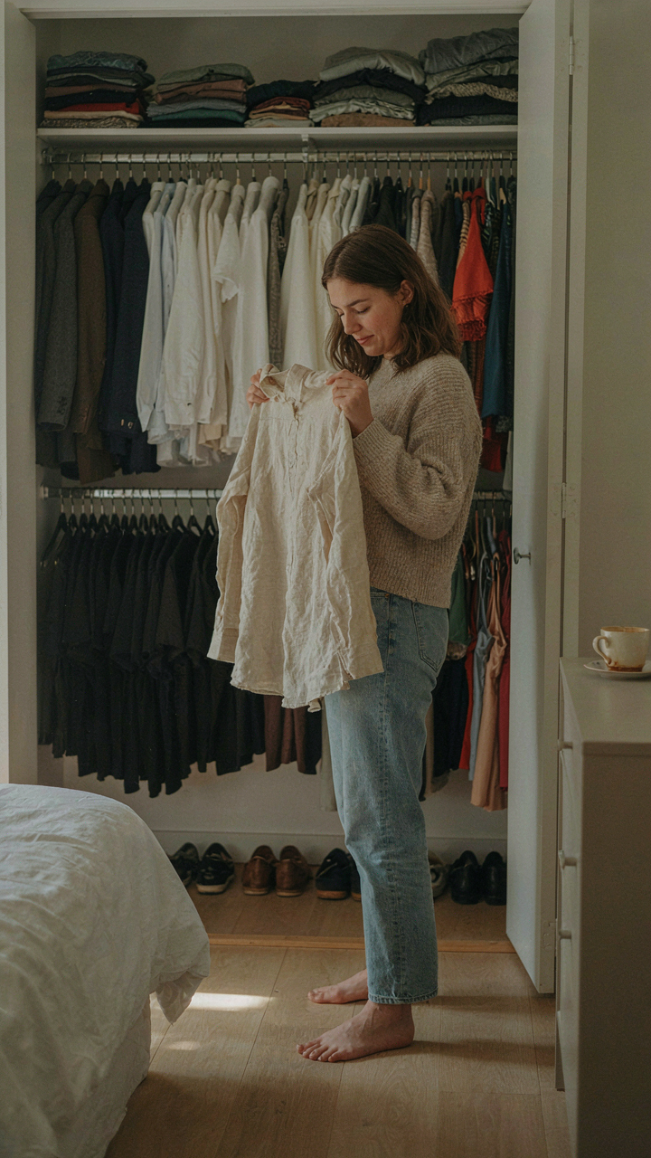 Person overwhelmed by many clothes in closet, holding one comfortable linen shirt.