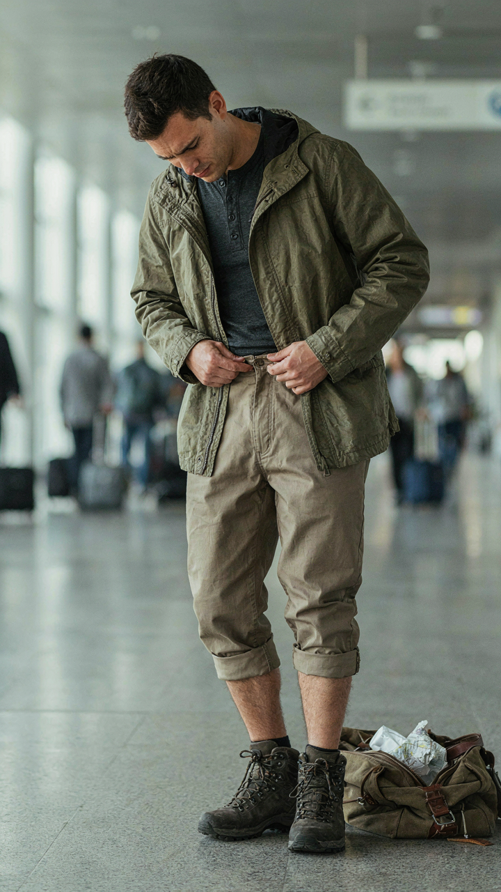 A traveler looks uncomfortable in zip-off convertible pants that don't fit well.