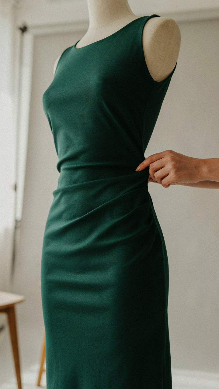 A hand pulls at the hip of a stretchy dress, showing the fabric flex and not resist.