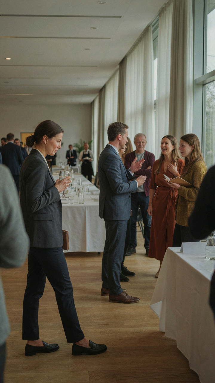 A person discreetly watches a crowd at a conference, assessing their clothing choices.