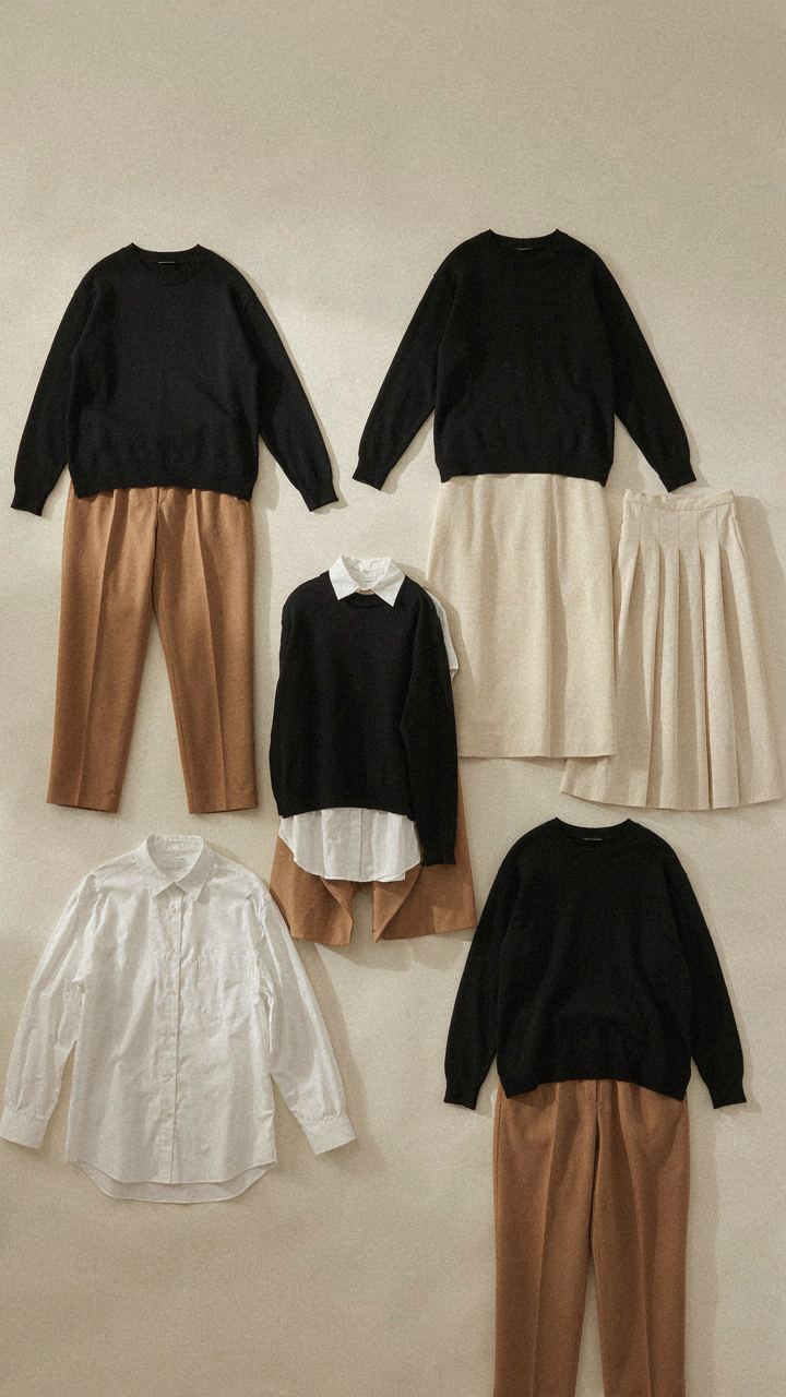 A black crew neck sweater is shown creating many outfits with other clothes.