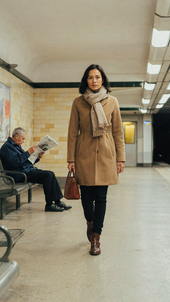 A woman in a functional wool coat walks on a metro platform in Paris.