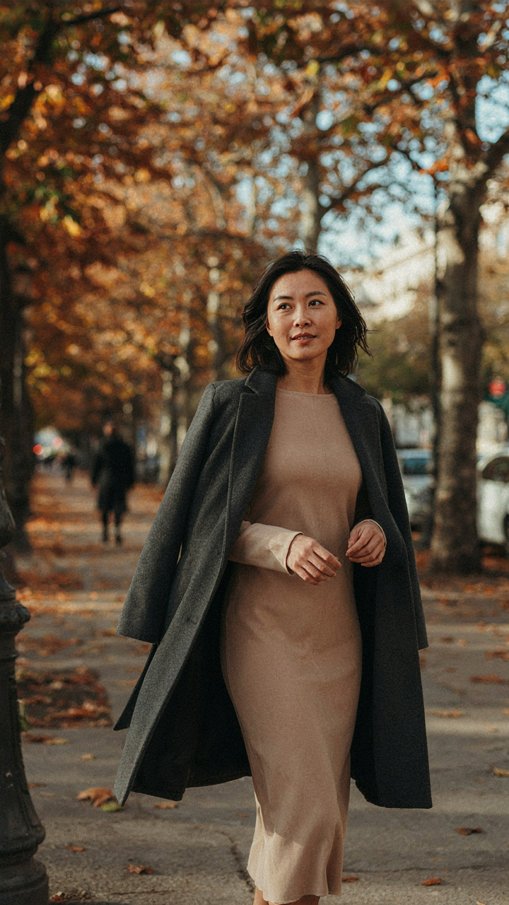 A woman in a long sleeve dress with a tailored wool coat over her shoulders.