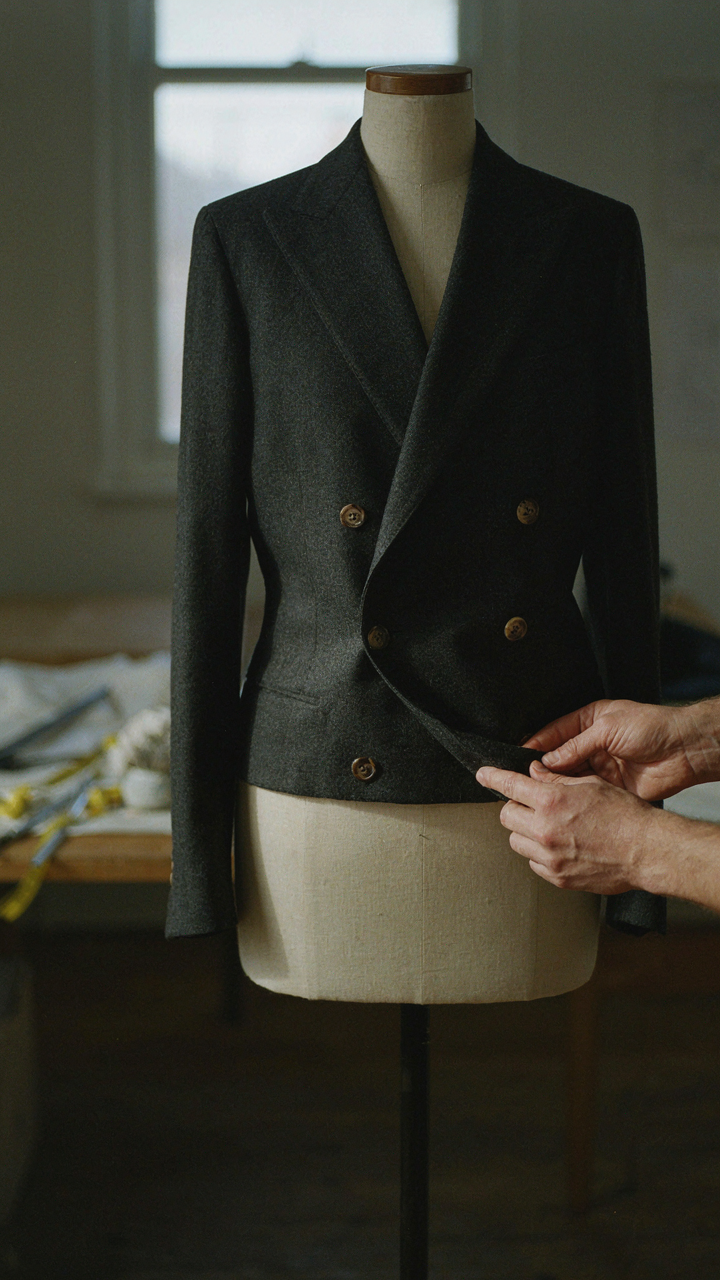 A tailor adjusts the hem of a heavy wool blazer, showing fabric weight.