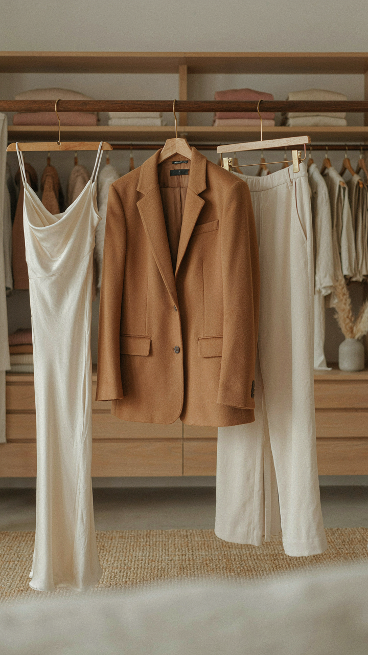 An intentional wardrobe with essential pieces like a slip dress and blazer.