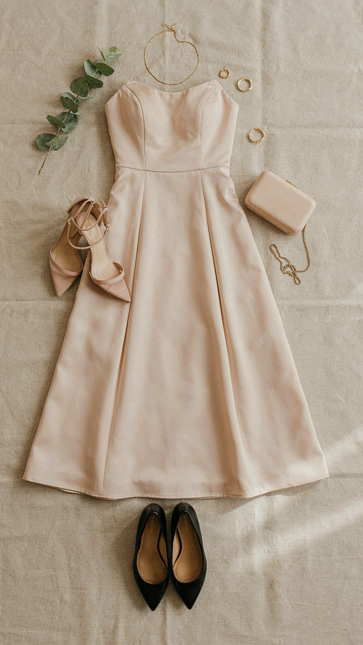 A complete formal outfit with black pointed-toe flats.