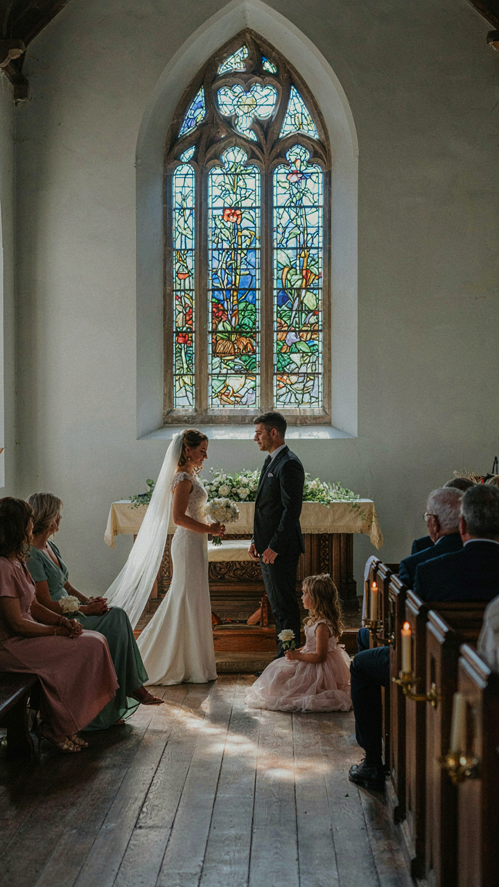 A small group of well-dressed guests in a sunlit, intimate chapel.